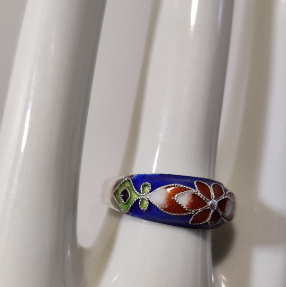 Vintage Chinese Export Cloisonne Sterling Silver Adjustable Ring - Picture 11 of 12